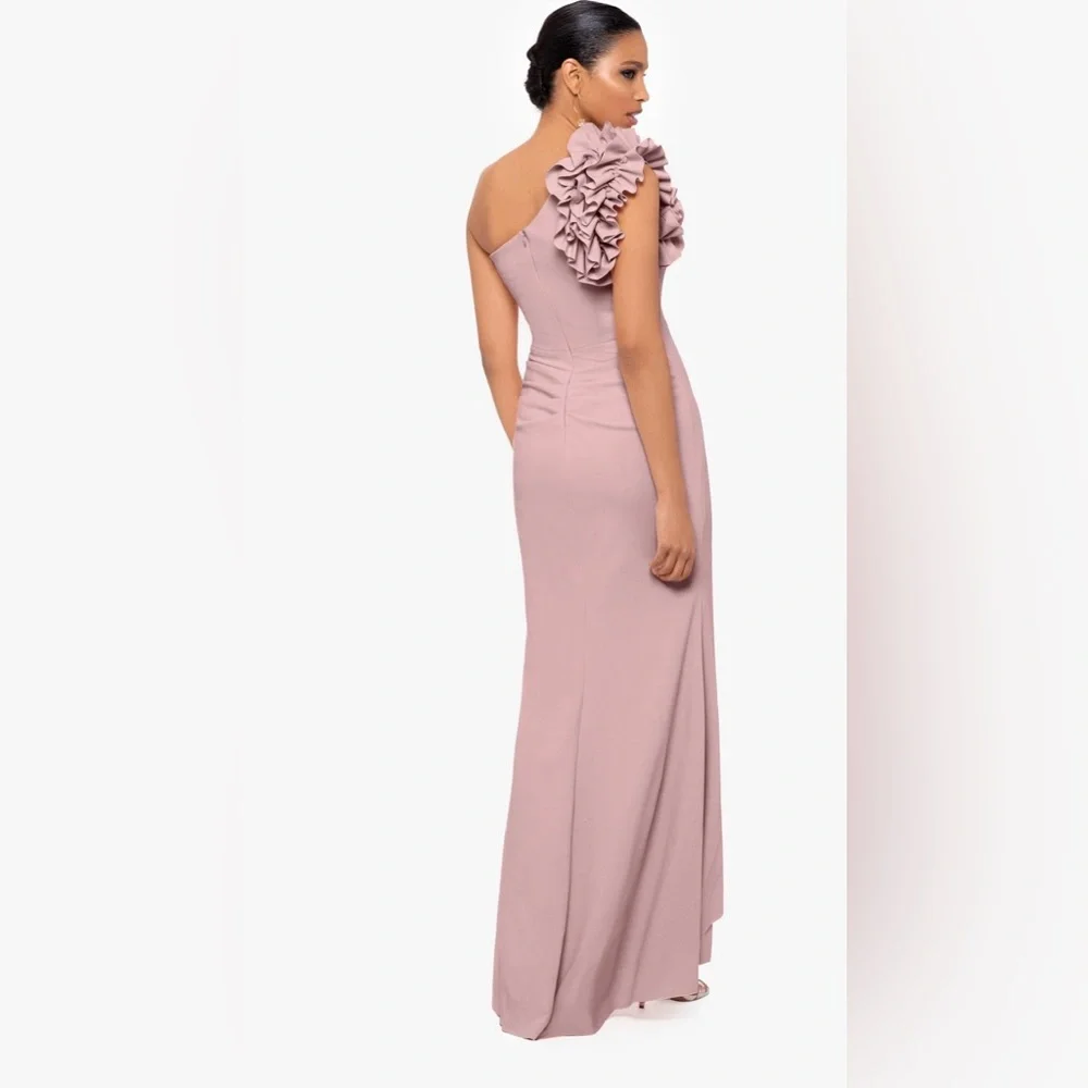 ONE SHOULDER RUFFLE SCUBA CREPE DRESS - Picture 2 of 4